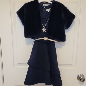 Knitworks Girls Navy Dress with Faux Fur Shrug & Accessories Size 7
